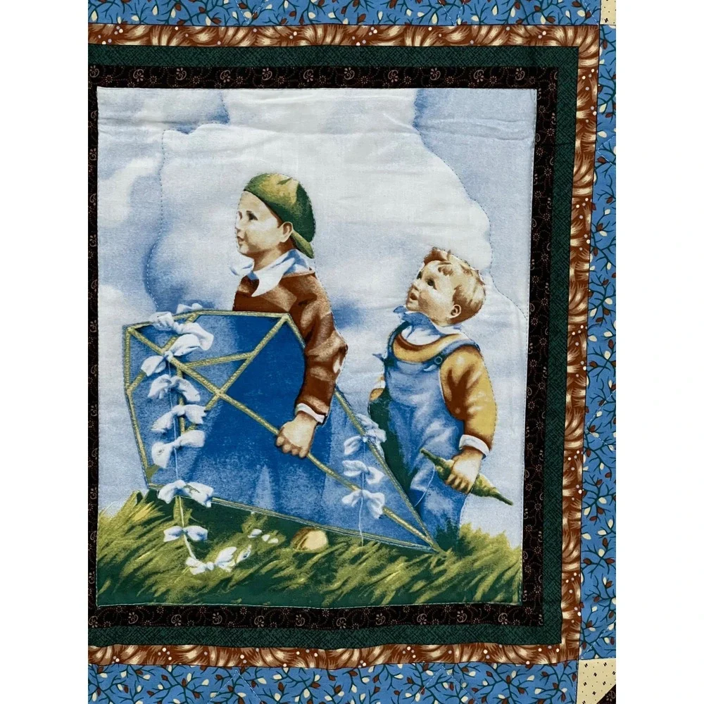 Handmade Children Flying Kite Quilt Wall Hanging‎ 32x34 Blue Brown